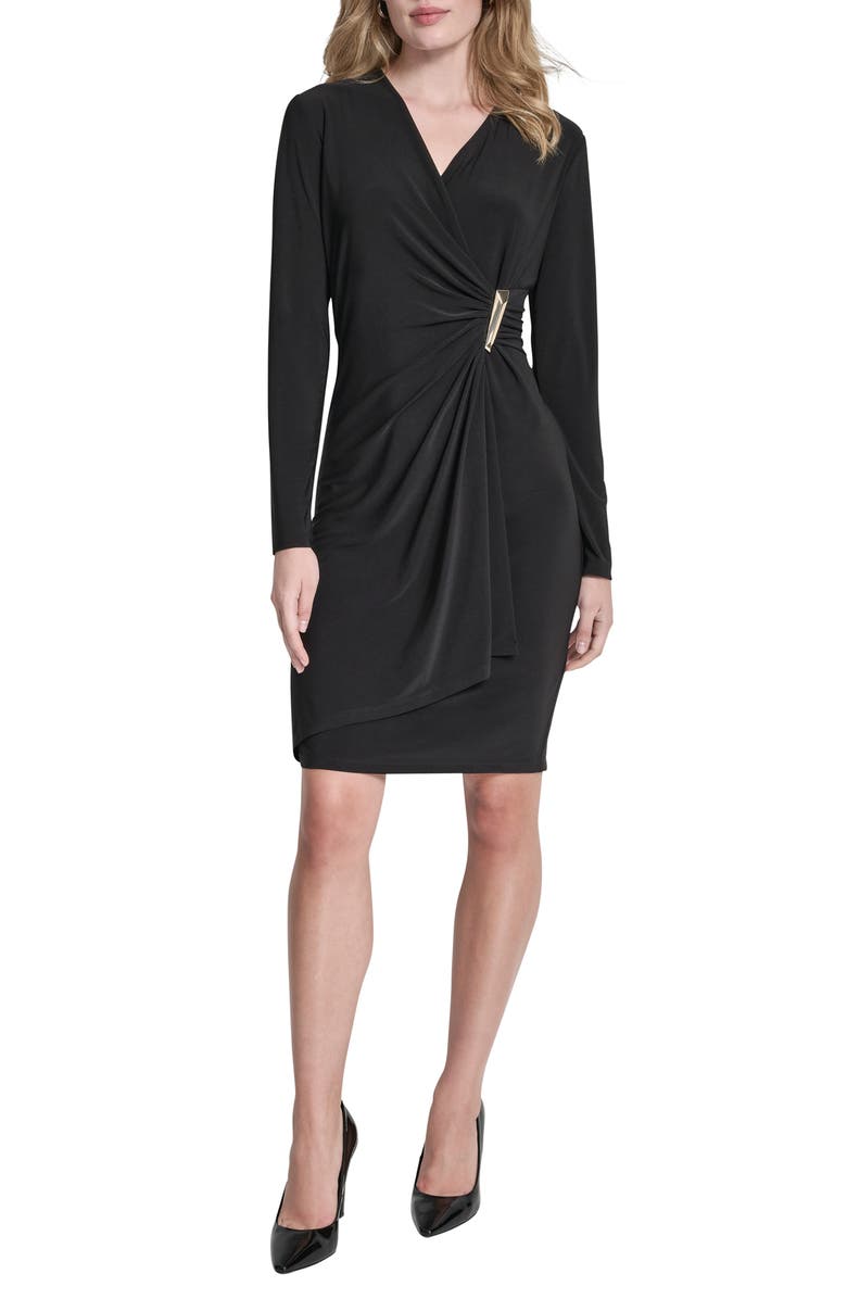 DKNY Long Sleeve Faux Wrap Dress, Main, color, Black