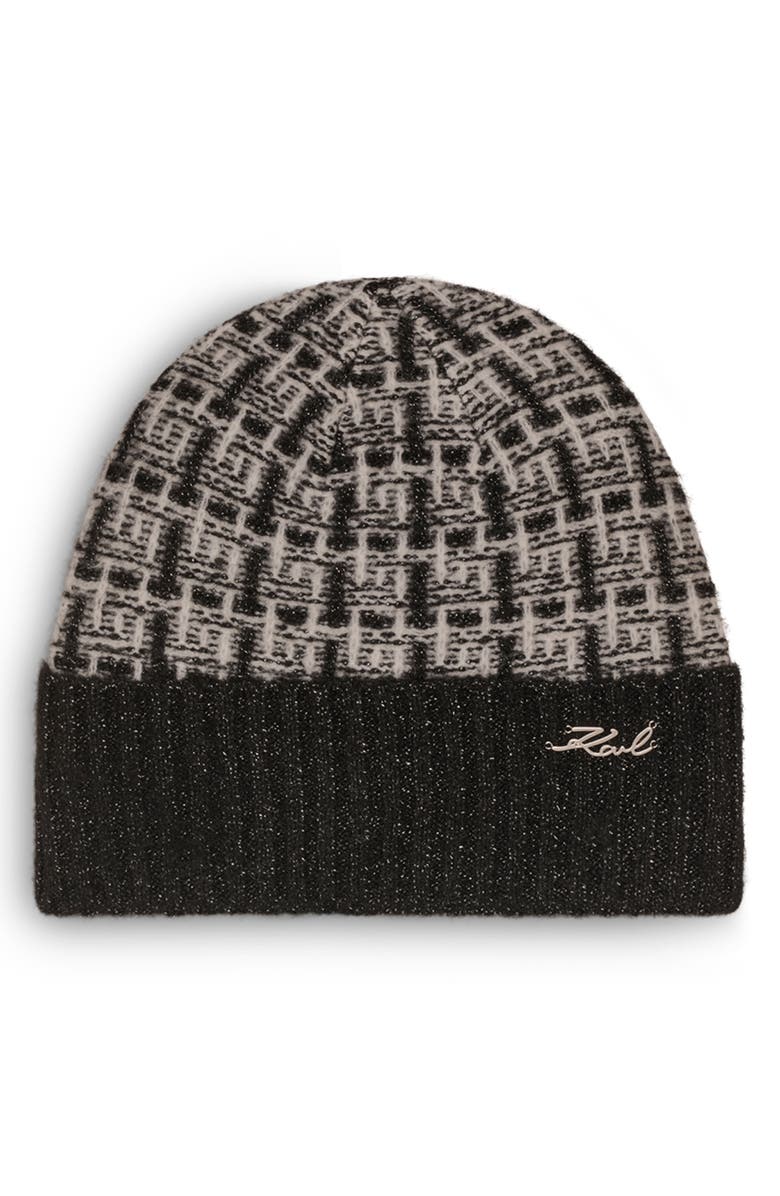 KARL LAGERFELD PARIS Tweed Shine Beanie, Main, color, Black
