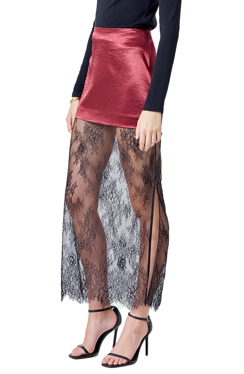 Endless Rose Satin & Lace Maxi Skirt, Alternate, color, Merlot