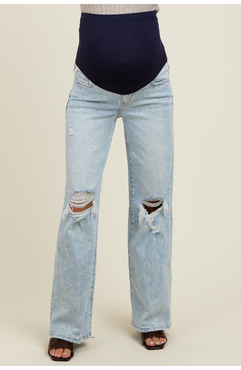 PinkBlush Blue Distressed Open Knee Wide Leg Maternity Jeans, Alternate, color, Light Blue