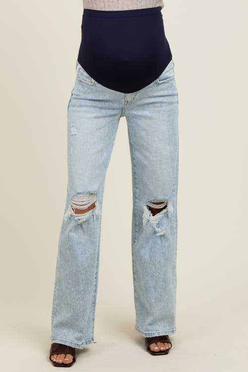 Pinkblush Blue Distressed Open Knee Wide Leg Maternity Jeans In Neutral
