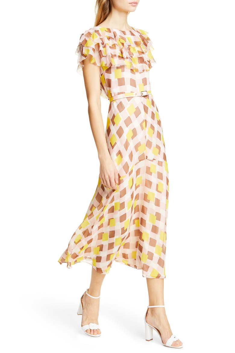geo print ruffle silk midi dress, Alternate, color, STRAWBERRY MOCHI
