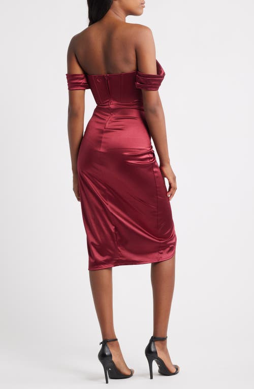 Emerald Sundae Off The Shoulder Satin Midi Dress In Burgundy
