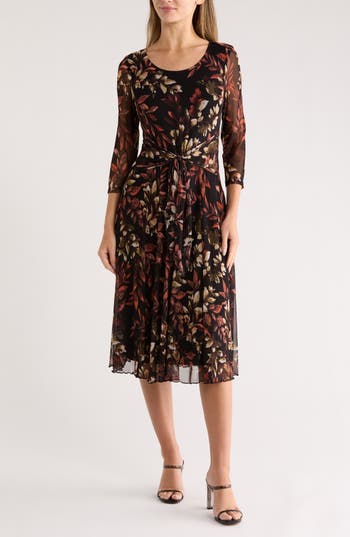 Connected Apparel Tie Waist Mesh A-line Midi Dress In Brown