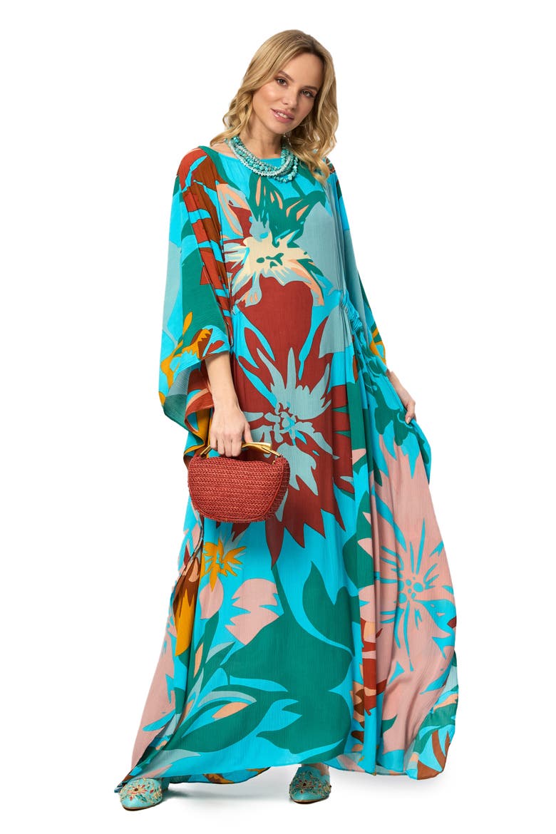 Floral Vacation Kaftan Dress, Alternate, color, TURQUOISE
