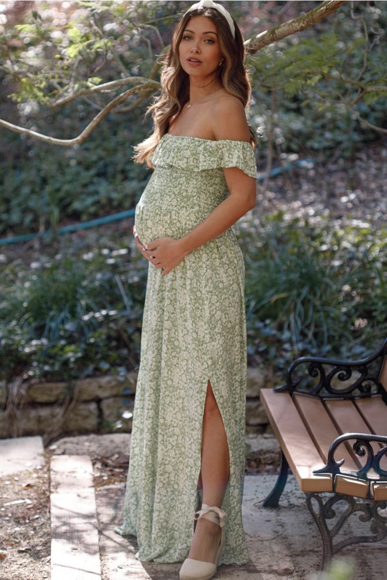 Floral Ruffle Off Shoulder Maxi Dress, Alternate, color, Light Olive