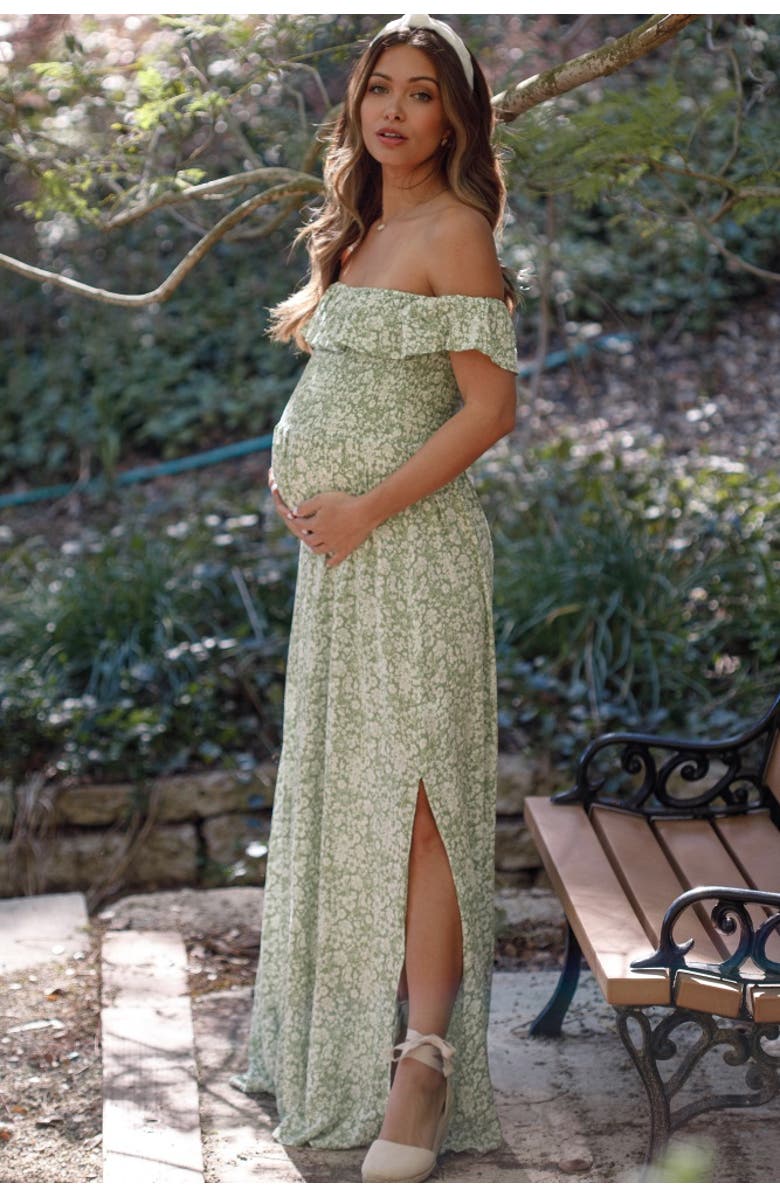 PinkBlush Floral Ruffle Off Shoulder Maxi Dress, Alternate, color, Light Olive