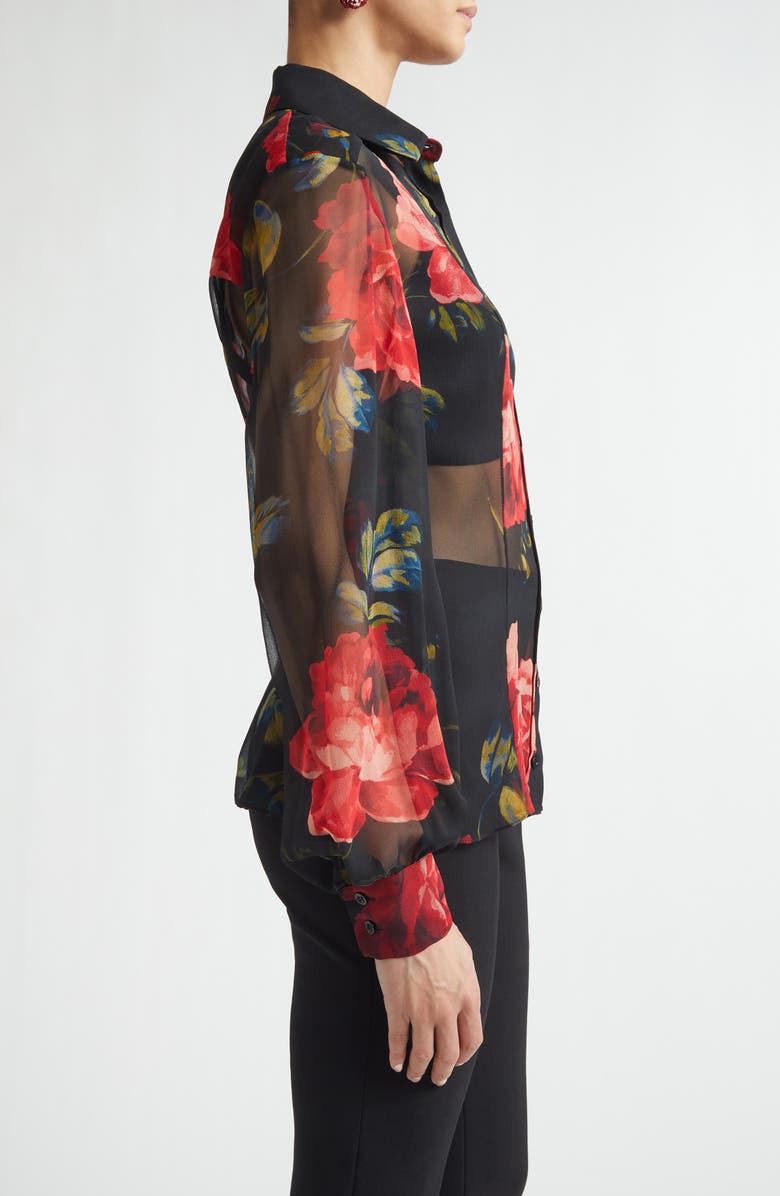Carolina Herrera Isabella Sheer Silk Chiffon Button-Up Shirt, Alternate, color, Black Multi