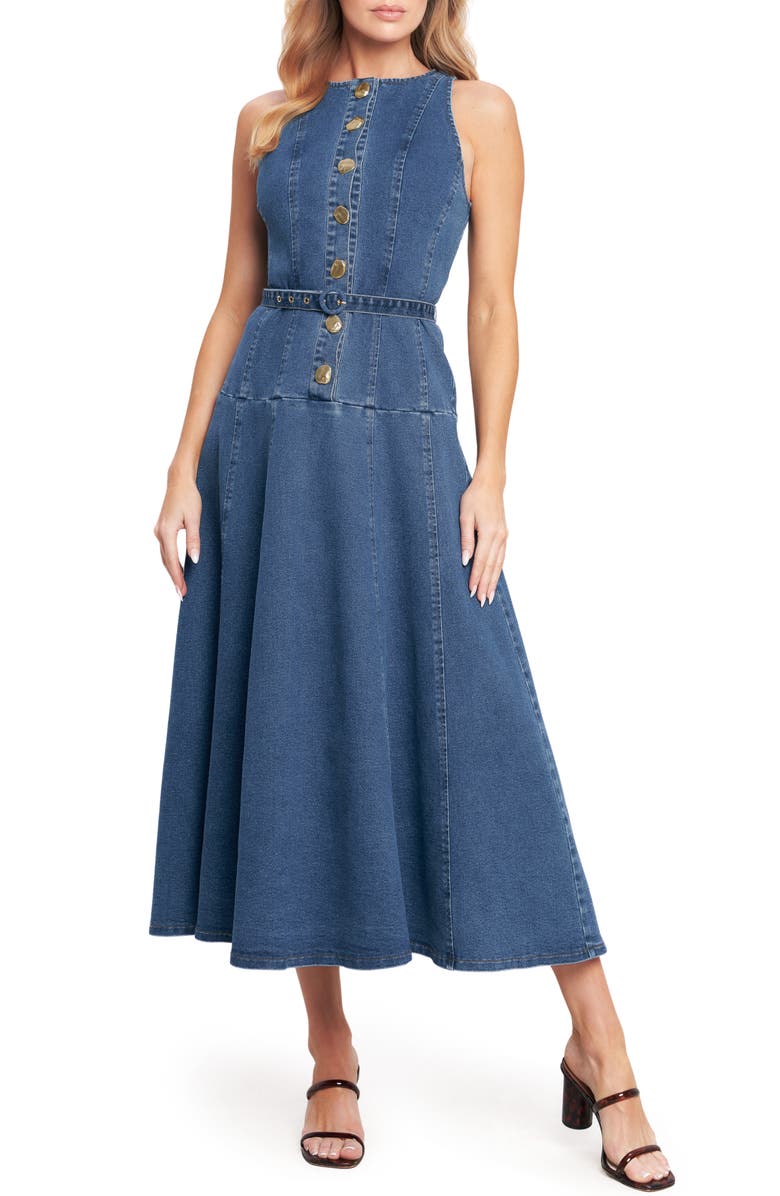 FLYING TOMATO Belted Denim Midi Dress, Main, color, Medium Indigo