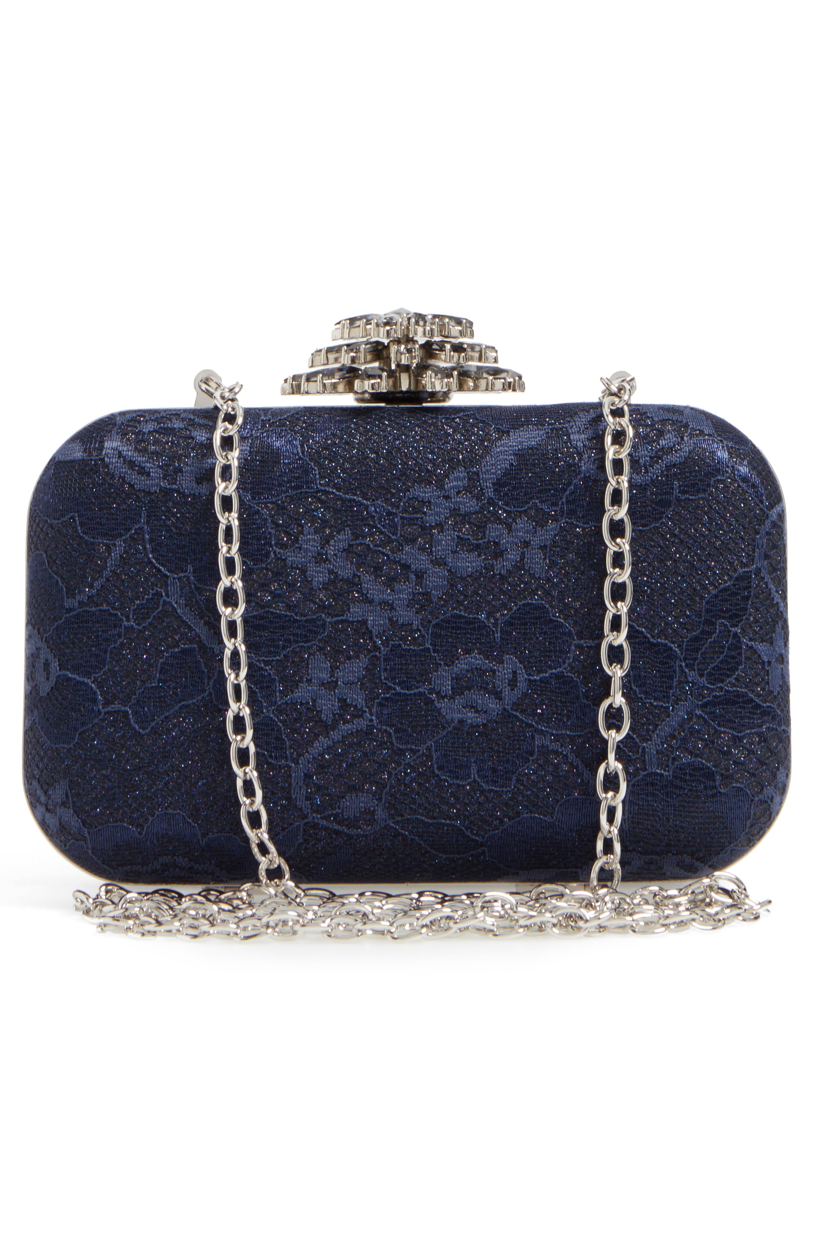 Glint Crystal Flower Clasp Lace Minaudière, Alternate, color, 