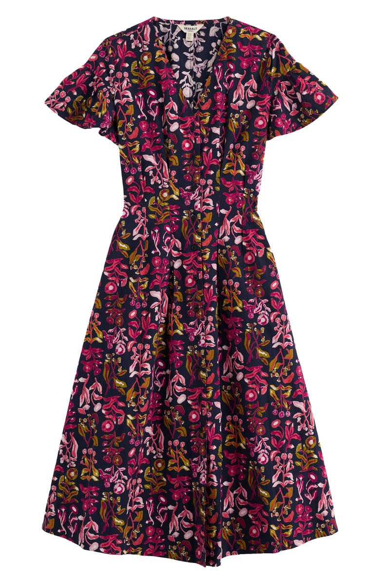 Seasalt Cornwall Kerthen Woods Floral Organic Cotton Button-Up Midi Dress, Main, color, Inky Botanical Maritime