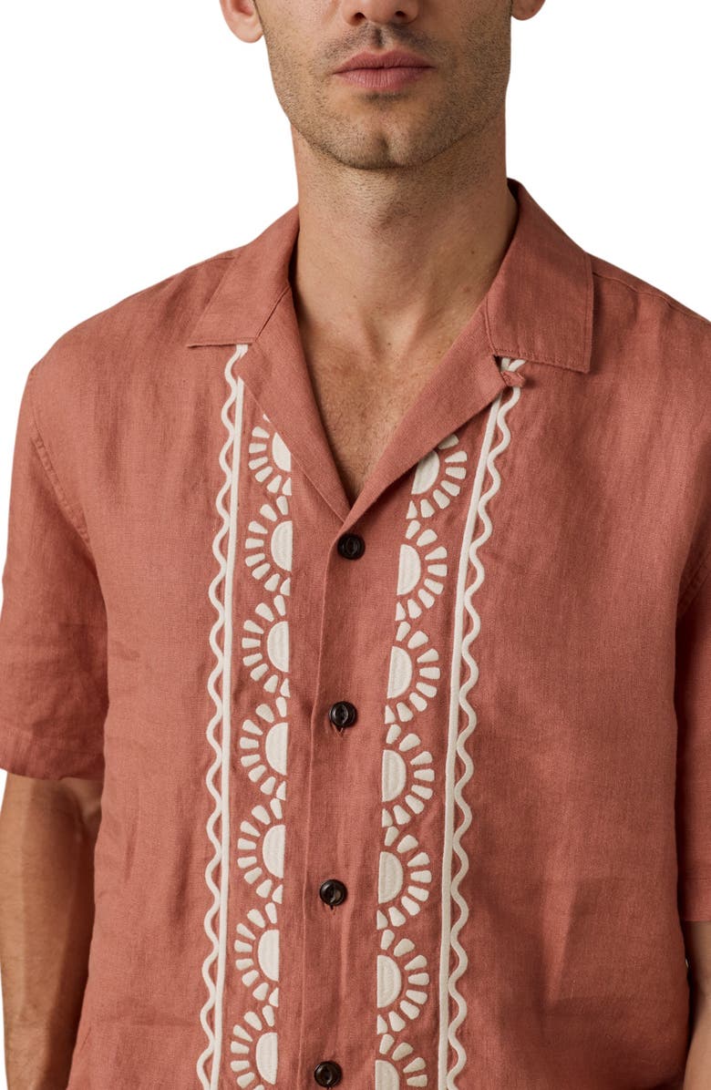 Faherty Embroidered Linen Camp Shirt, Alternate, color, Dusty Sienna