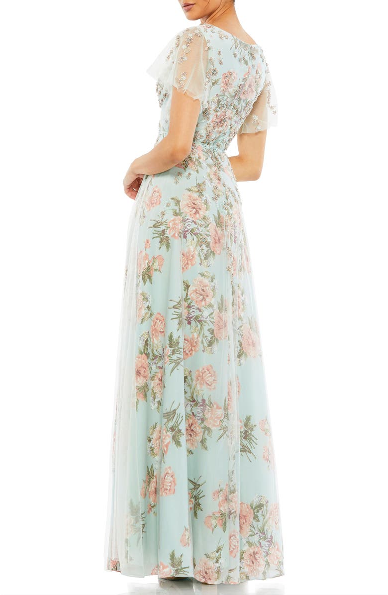 Mac Duggal Embellished Floral Gown with Mesh Flutter Sleeves, Beaded Waist & Pleated Bodice, Alternate, color, Blue Multi