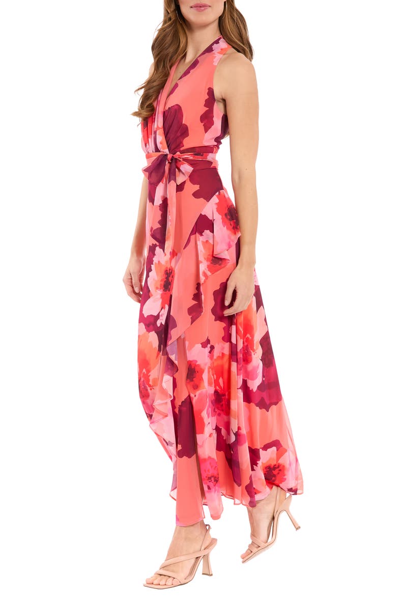 Floral Halter Maxi Dress, Alternate, color, CORAL/ BOYSENBERRY