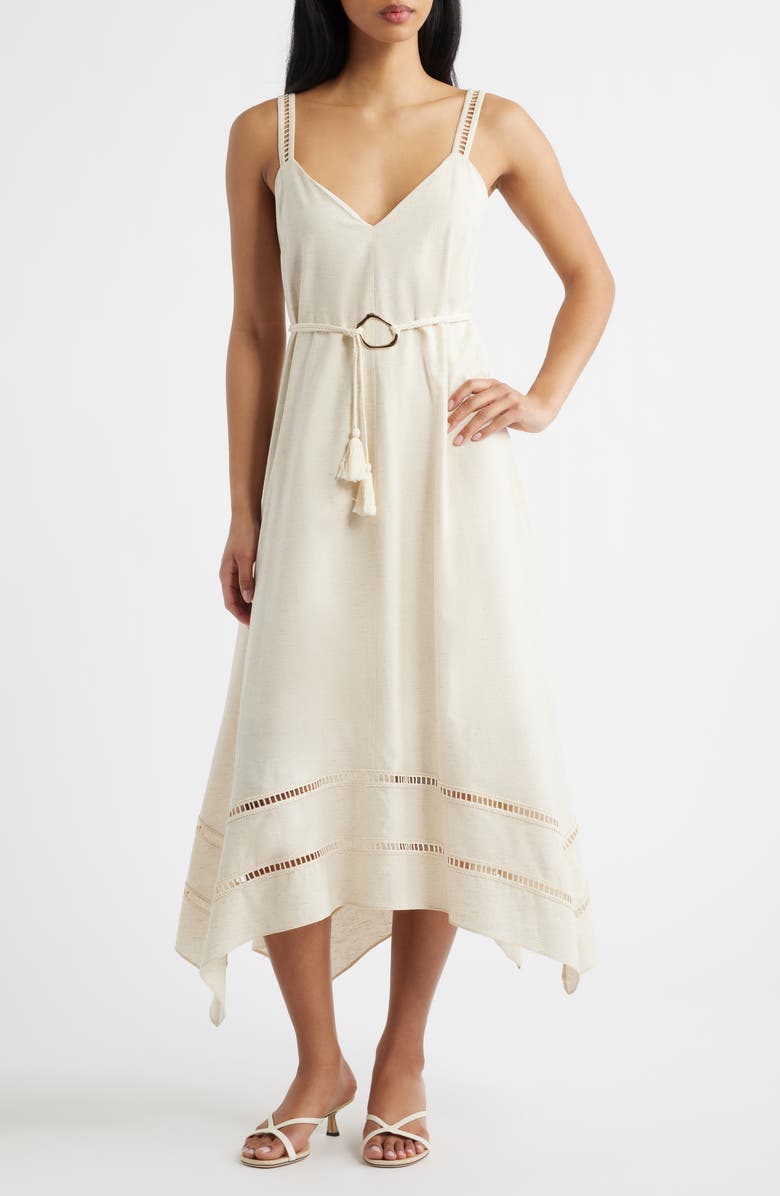 MOON RIVER Ladder Stitch Detail Handkerchief Hem Cotton & Linen Dress, Main, color, Oatmeal