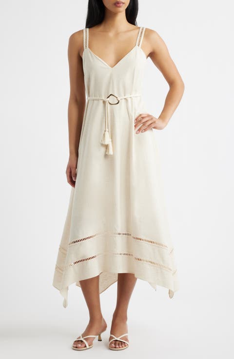 Ladder Stitch Detail Handkerchief Hem Cotton & Linen Dress