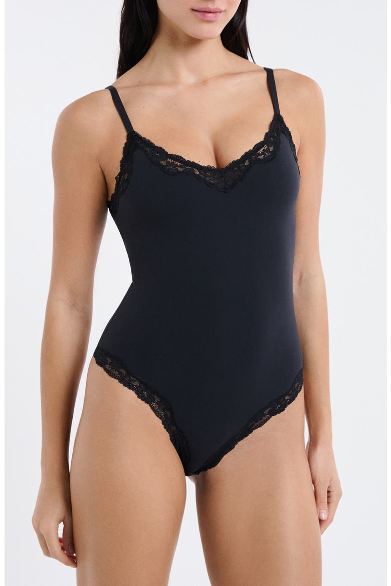 Lace Trim Bodysuit, Main, color, BLACK