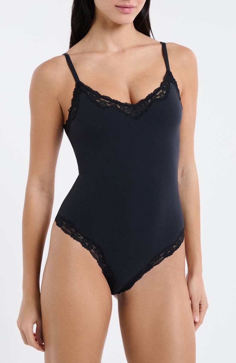 Etam Lace Trim Bodysuit, Main, color, Black
