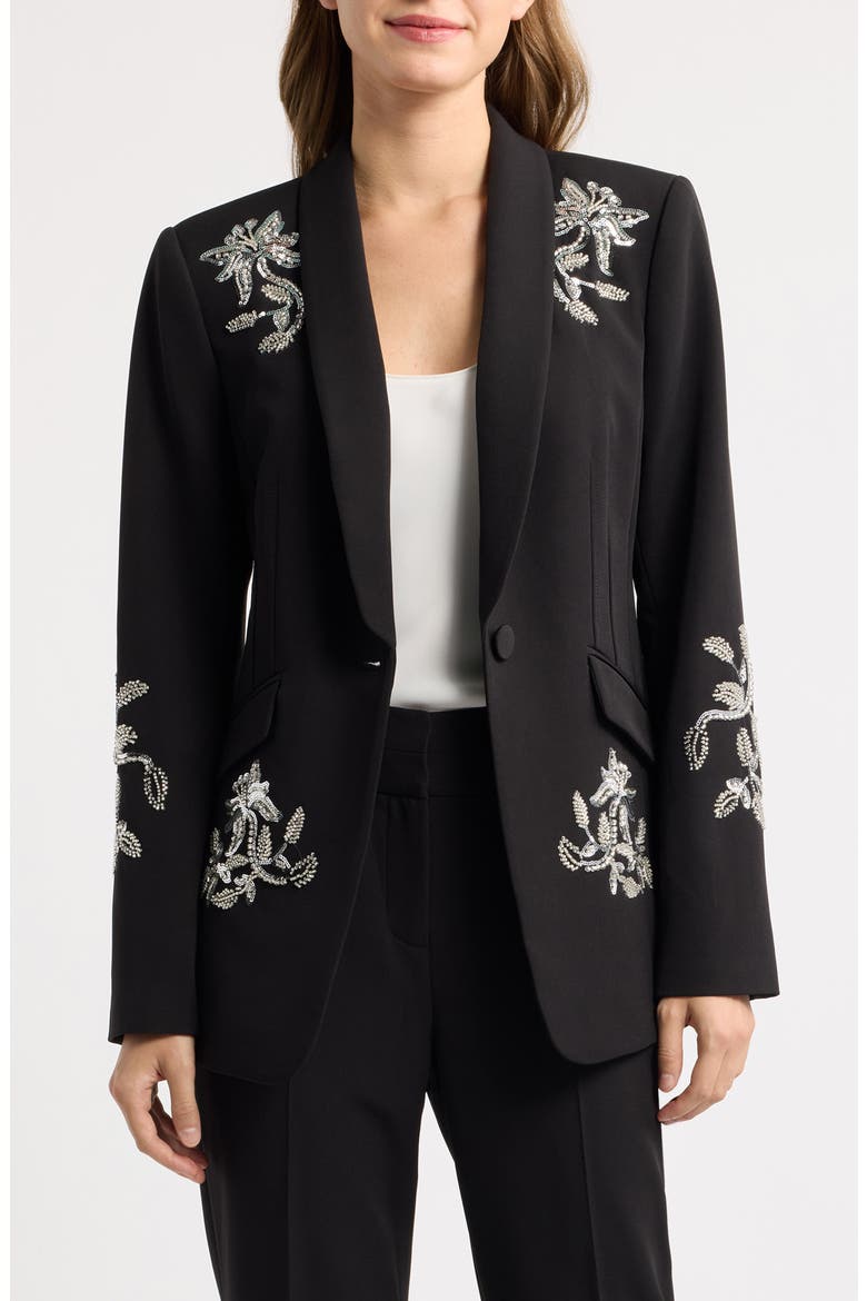 Crystal & Sequin Floral Blazer, Main, color, BLACK