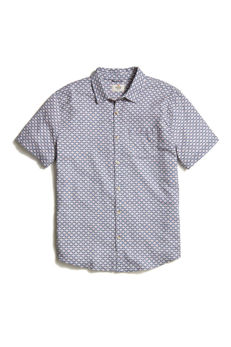 Wave Print Short Sleeve Stretch Button-Up Shirt, Alternate, color, WAVE PRINT