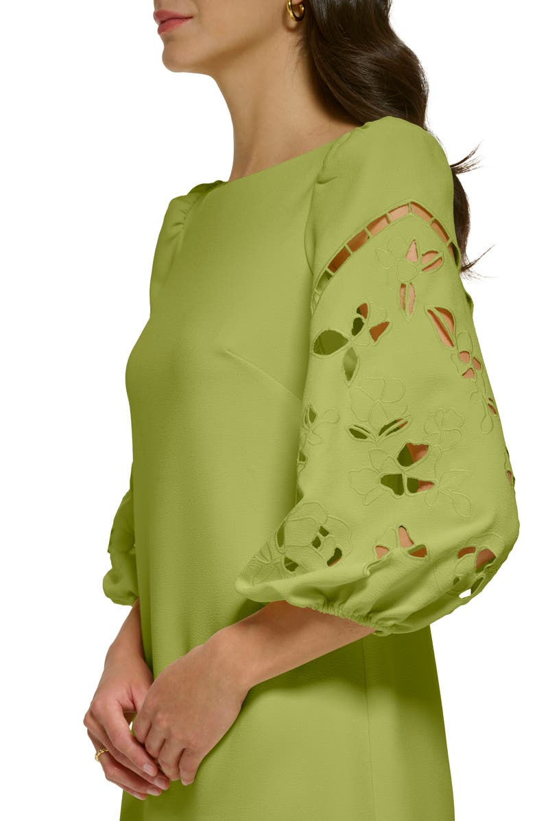 Vince Camuto Eyelet Sleeve Crepe Shift Dress, Alternate, color, Pear