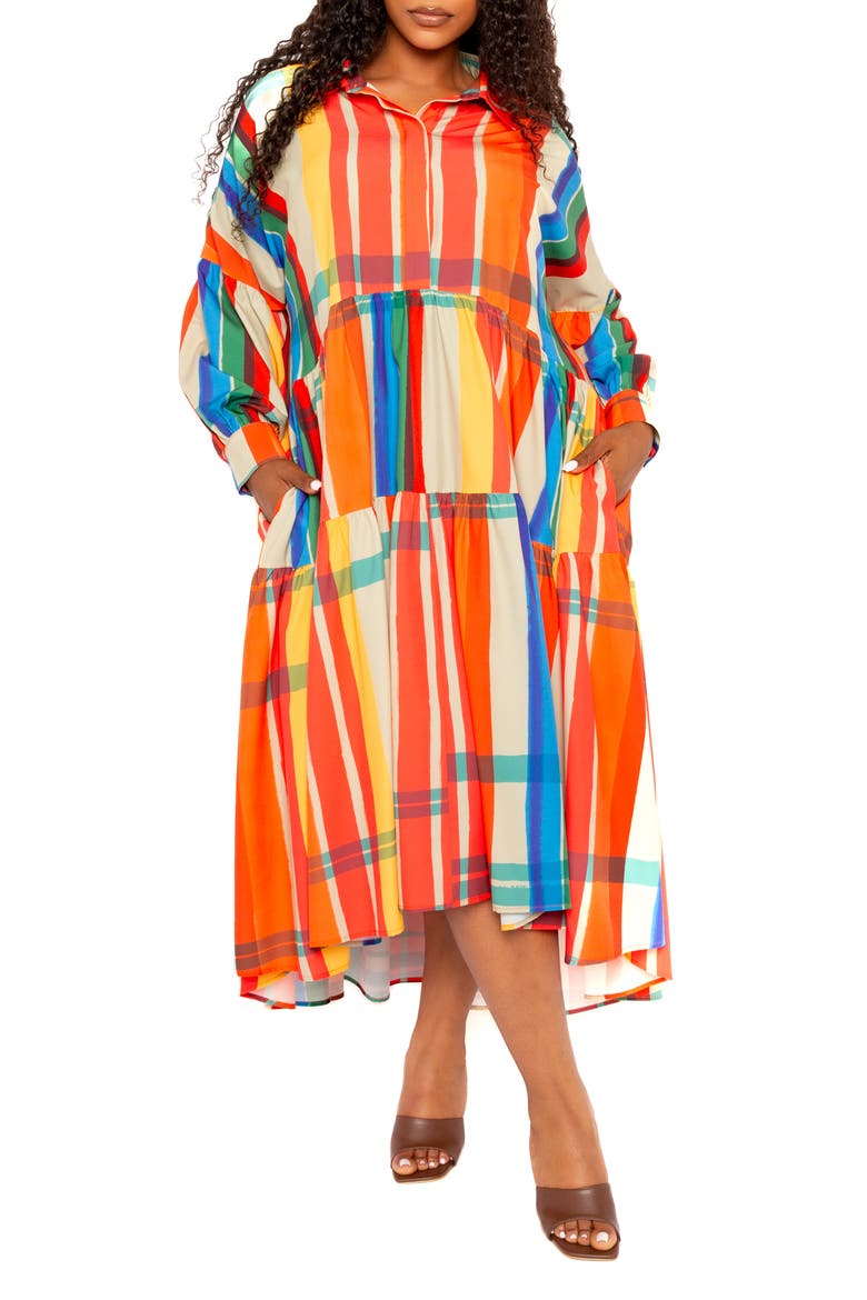 Plaid Long Sleeve Tiered Shirtdress, Alternate, color, RUST MULTI
