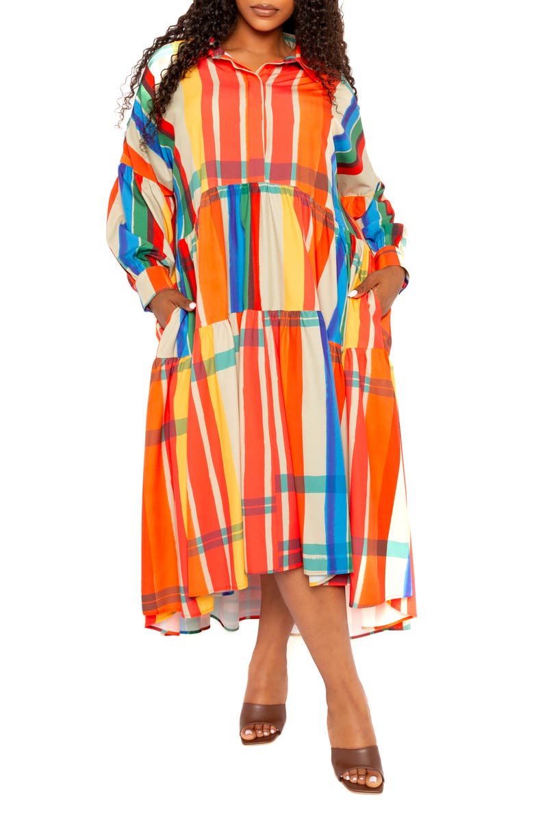 BUXOM COUTURE Plaid Long Sleeve Tiered Shirtdress, Alternate, color, Rust Multi