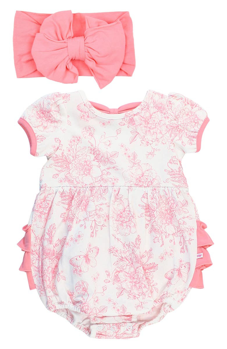 RuffleButts Butterfly Garden Toile Bubble Romper & Head Wrap Set, Main, color, 