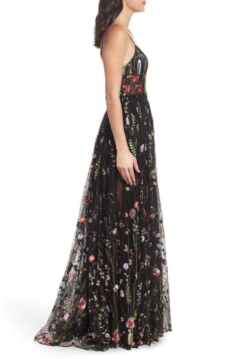 Embroidered Mesh Bustier Gown, Alternate, color, BLACK/MULTI