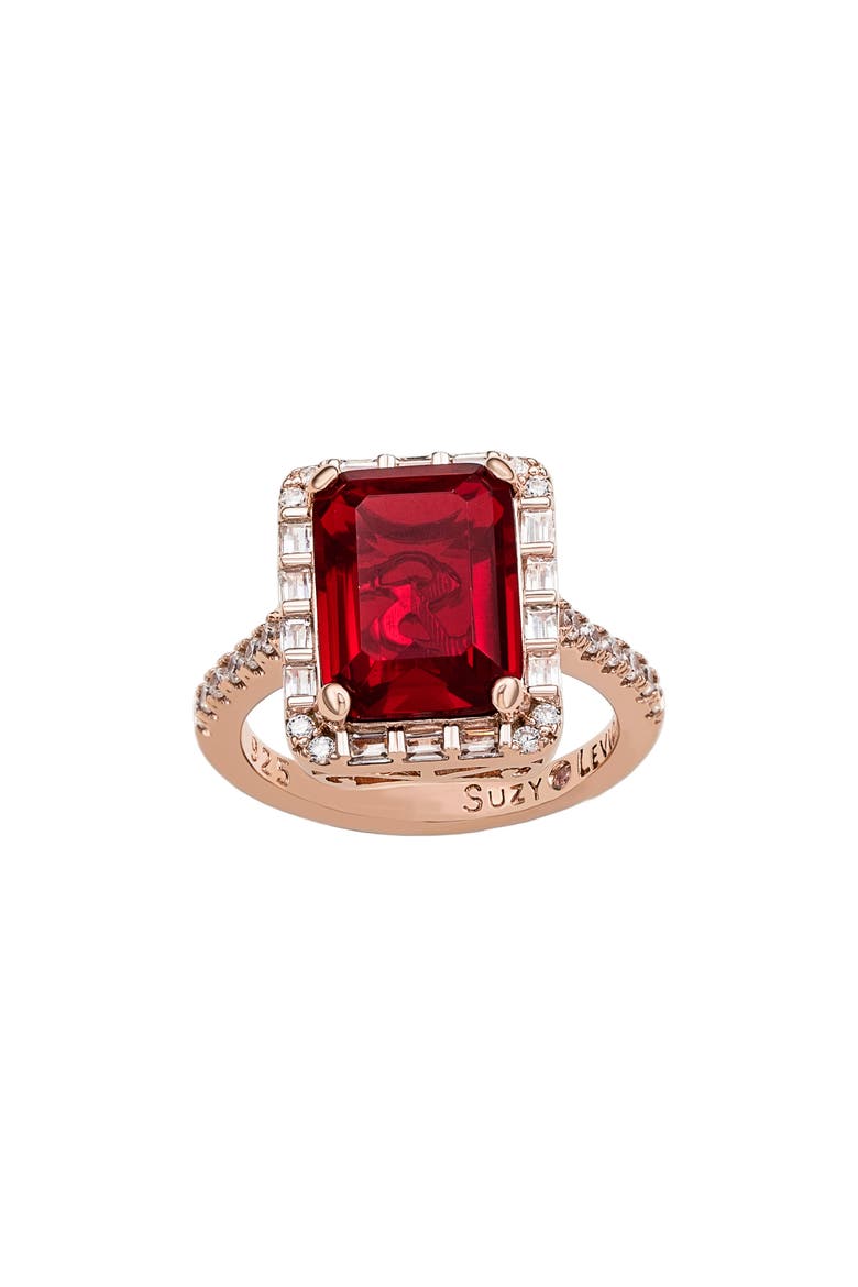 Emerald Cut Cubic Zirconia Halo Ring, Alternate, color, RED