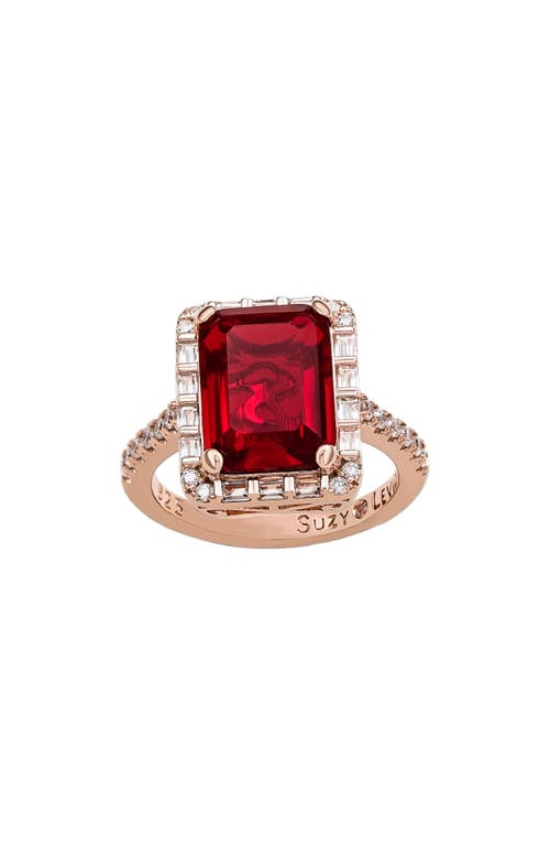 Suzy Levian Rose Sterling Silver Large Emerald-cut Red Cubic Zirconia And Baguette White Cubic Zirconia Halo Rin In Metallic