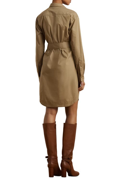 Shop Ralph Lauren Lauren  Tie Waist Long Sleeve Stretch Poplin Shirtdress In Madison Tan