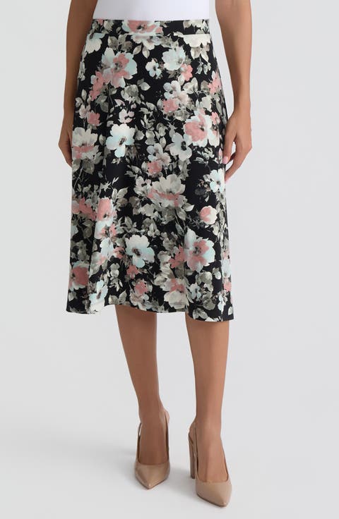 Floral Print Pull-On Midi Skirt