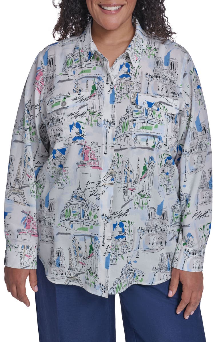 KARL LAGERFELD PARIS Oversize Printed Button-Up Shirt, Main, color, Soft White Multi