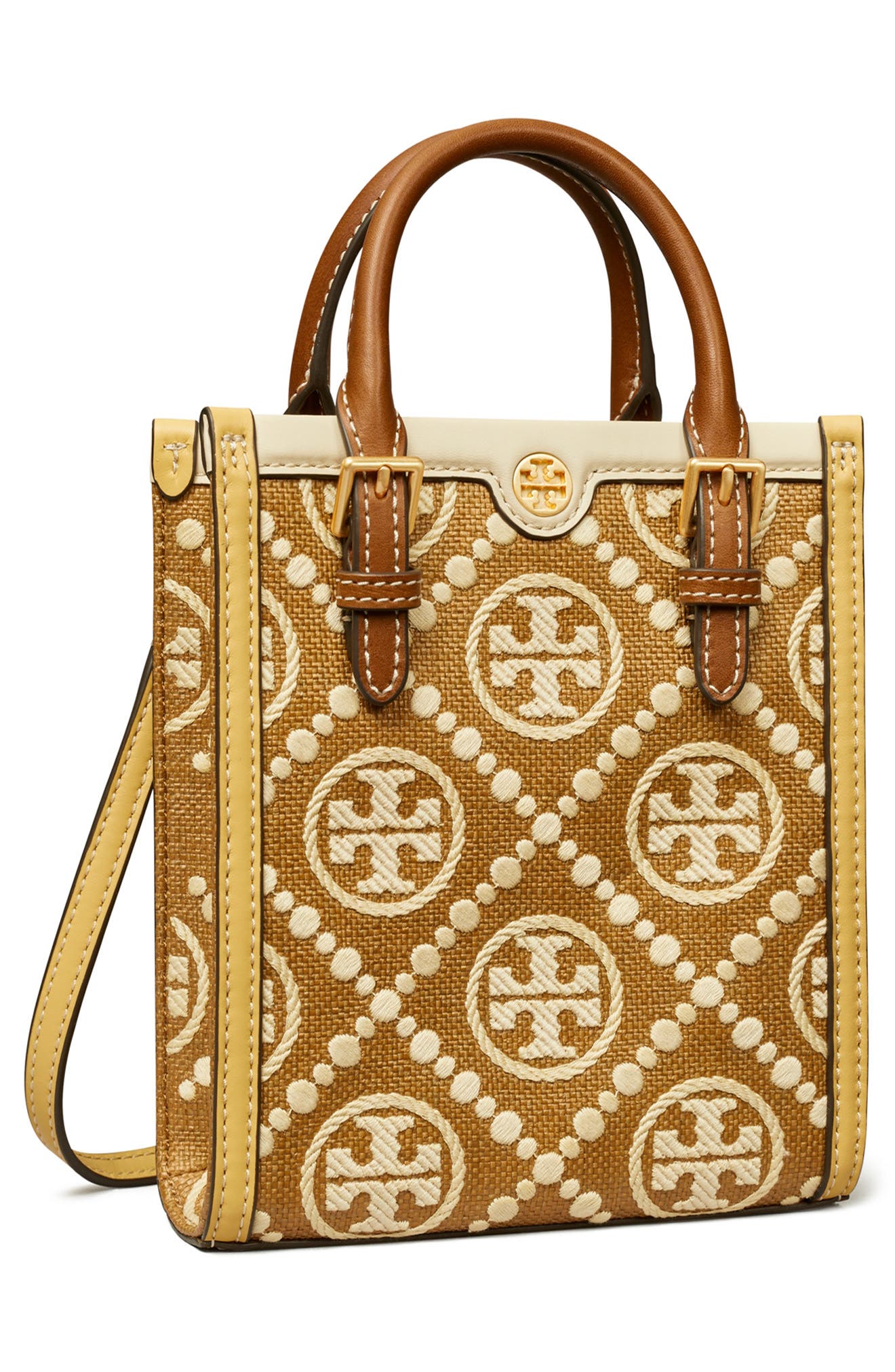 Tory Burch Mini T Monogram Embroidered Raffia Tote, Alternate, color, 