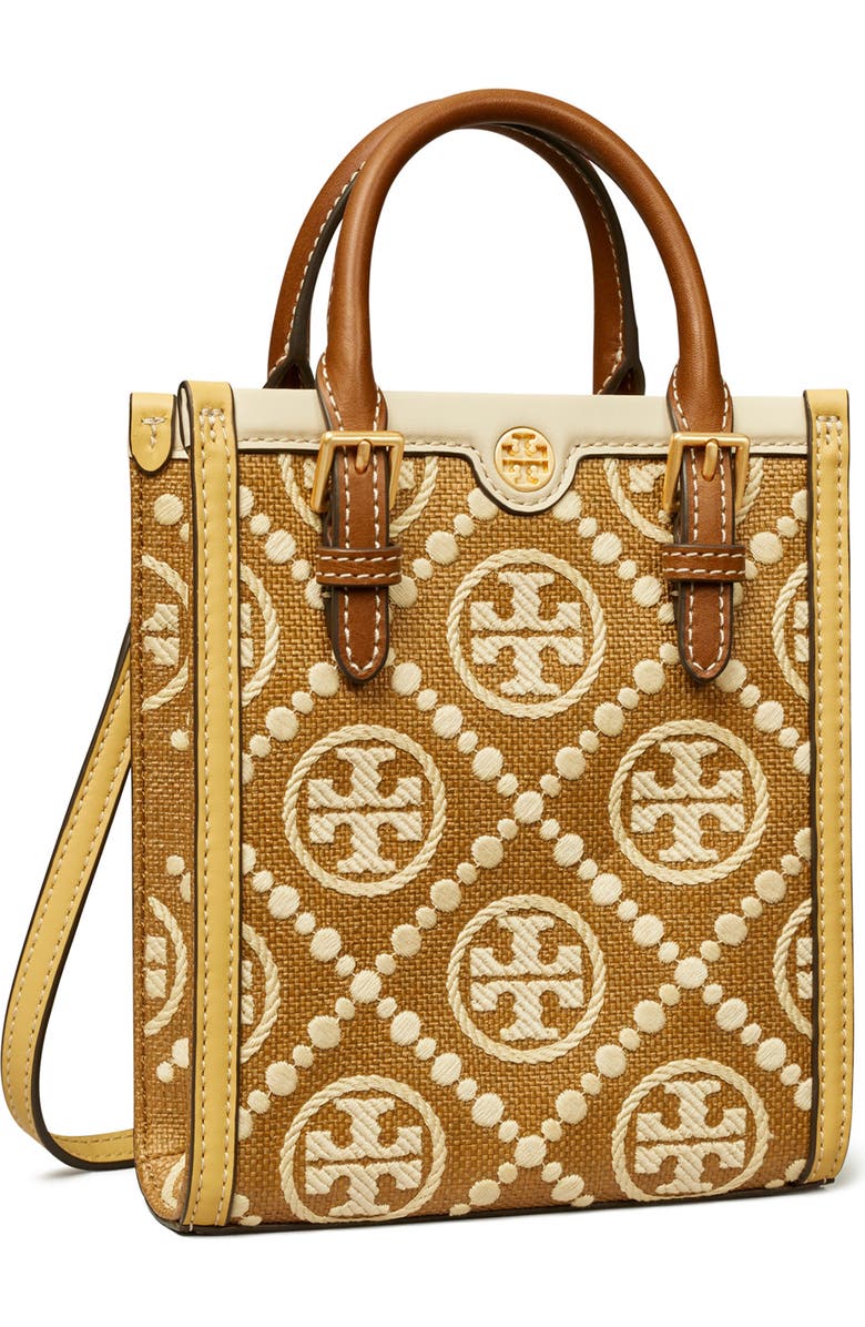 Tory Burch Mini T Monogram Embroidered Raffia Tote, Alternate, color,