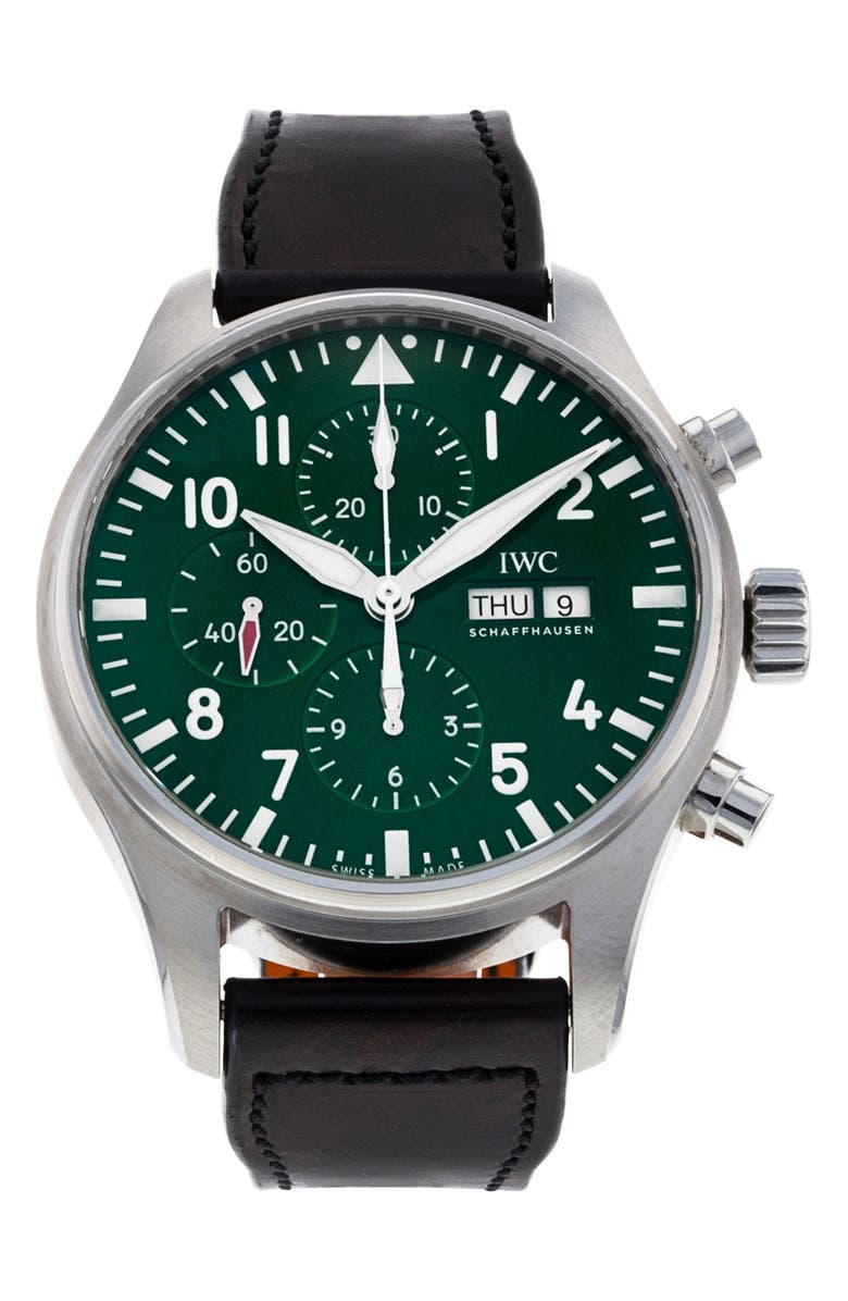 Watchfinder & Co. IWC Preowned 2019 Pilot's Racing Green Limited Edition Chronograph Leather Strap Watch, 43mm, Main, color,