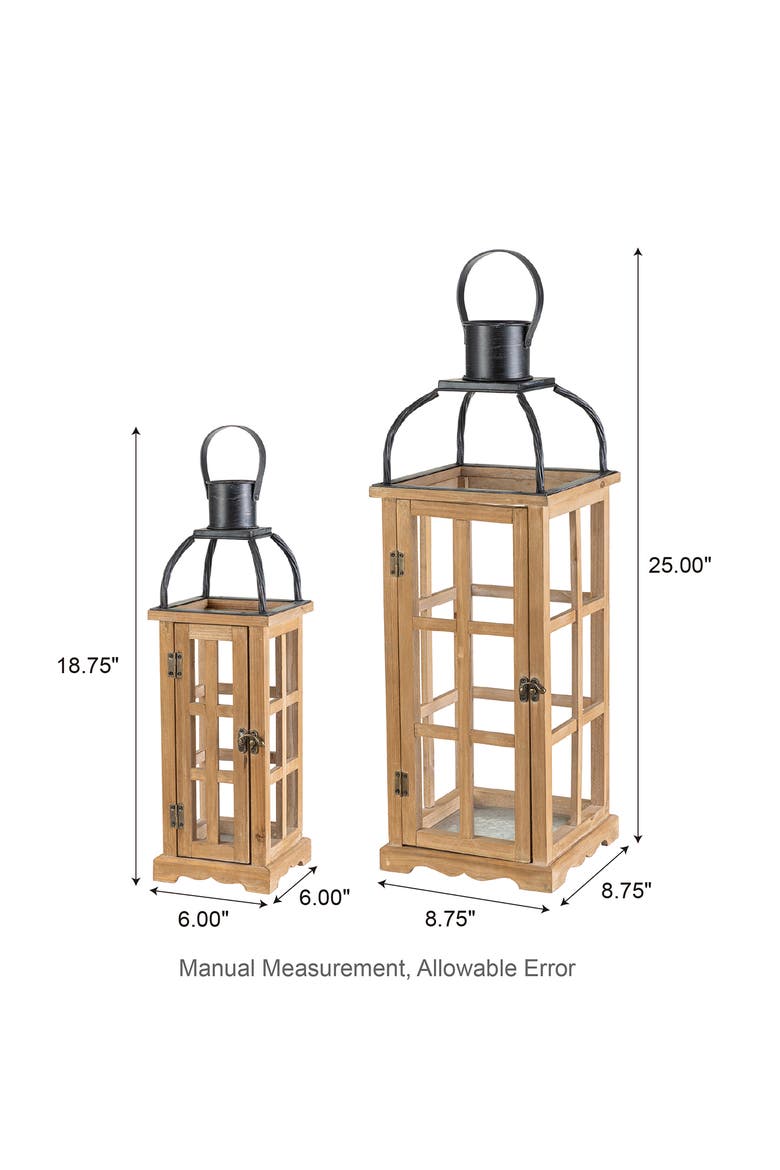 Set of 2 Farmhouse Vintage Wood & Metal Lanterns Candle Holders with Hanger, Alternate, color, Brown