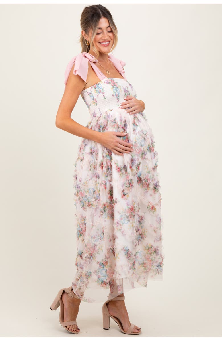 PinkBlush Floral Smocked Shoulder Tie Ruffled Midi Dress, Alternate, color, Cream