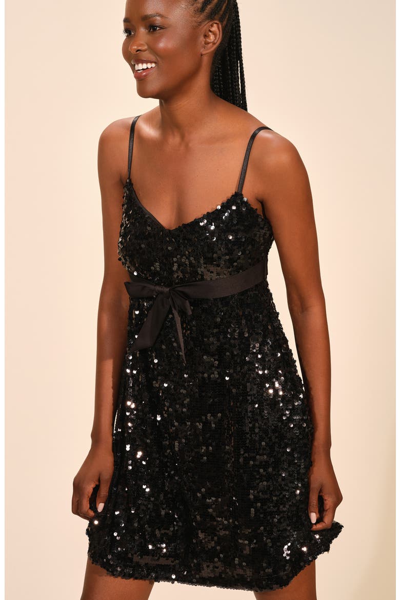 Sequin Tie Waist A-Line Minidress, Alternate, color, BLACK