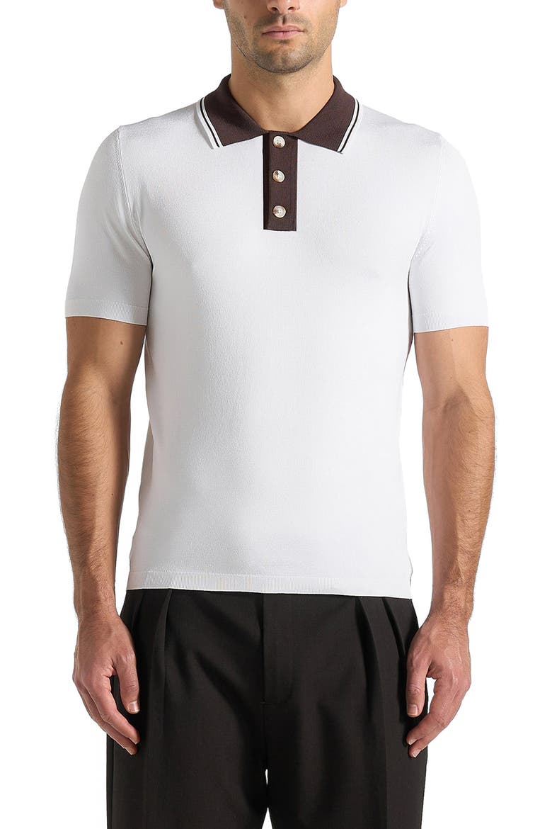 Roux Contrast Detail Luxe Knit Polo Shirt, Alternate, color, White