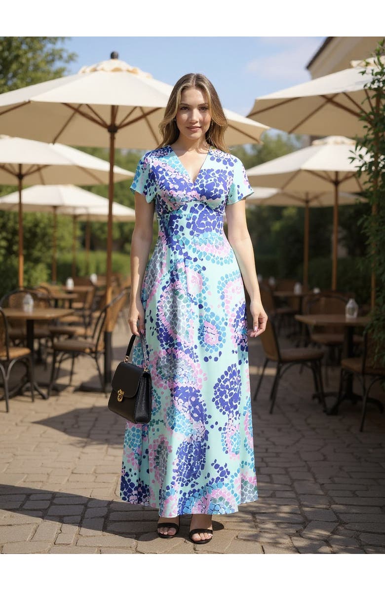 24seven Comfort Apparel Womens Essential V-Neck Empire Waist Cap Sleeve Maxi Dress, Alternate, color, Blue Multi