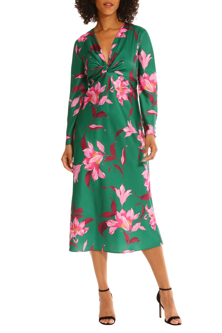 Floral Twisted Empire Waist Midi Dress, Main, color, EMERALD GREEN/ PINK BLOSSOM
