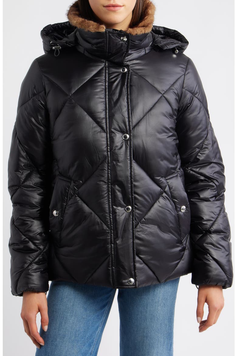 Diamond Quilted Puffer Jacket with Faux Fur Hood, Alternate, color, BLACK