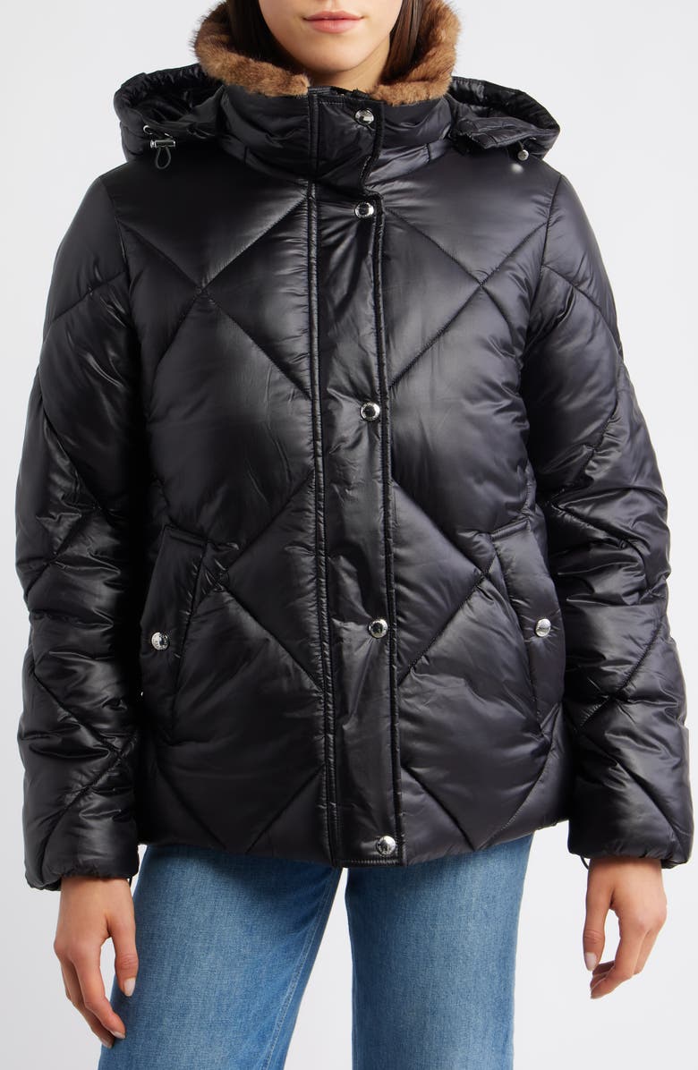 Sam Edelman Diamond Quilted Puffer Jacket with Faux Fur Hood, Alternate, color, Black