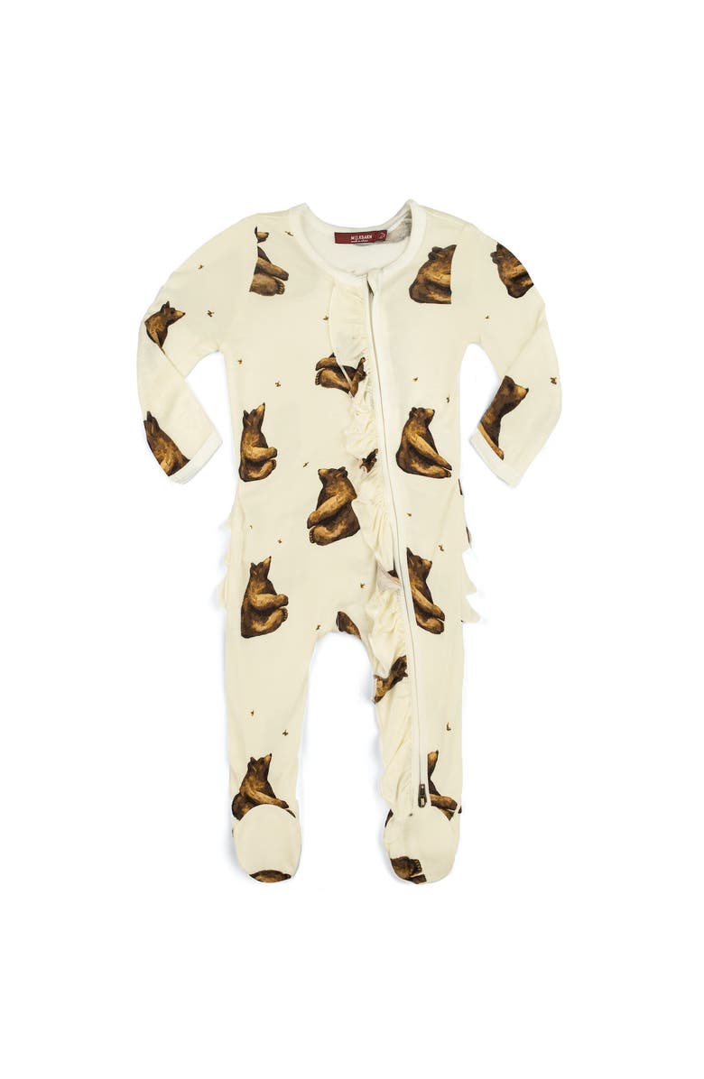 Milkbarn Ruffle Zipper Footed Romper, Main, color, Honey Bear
