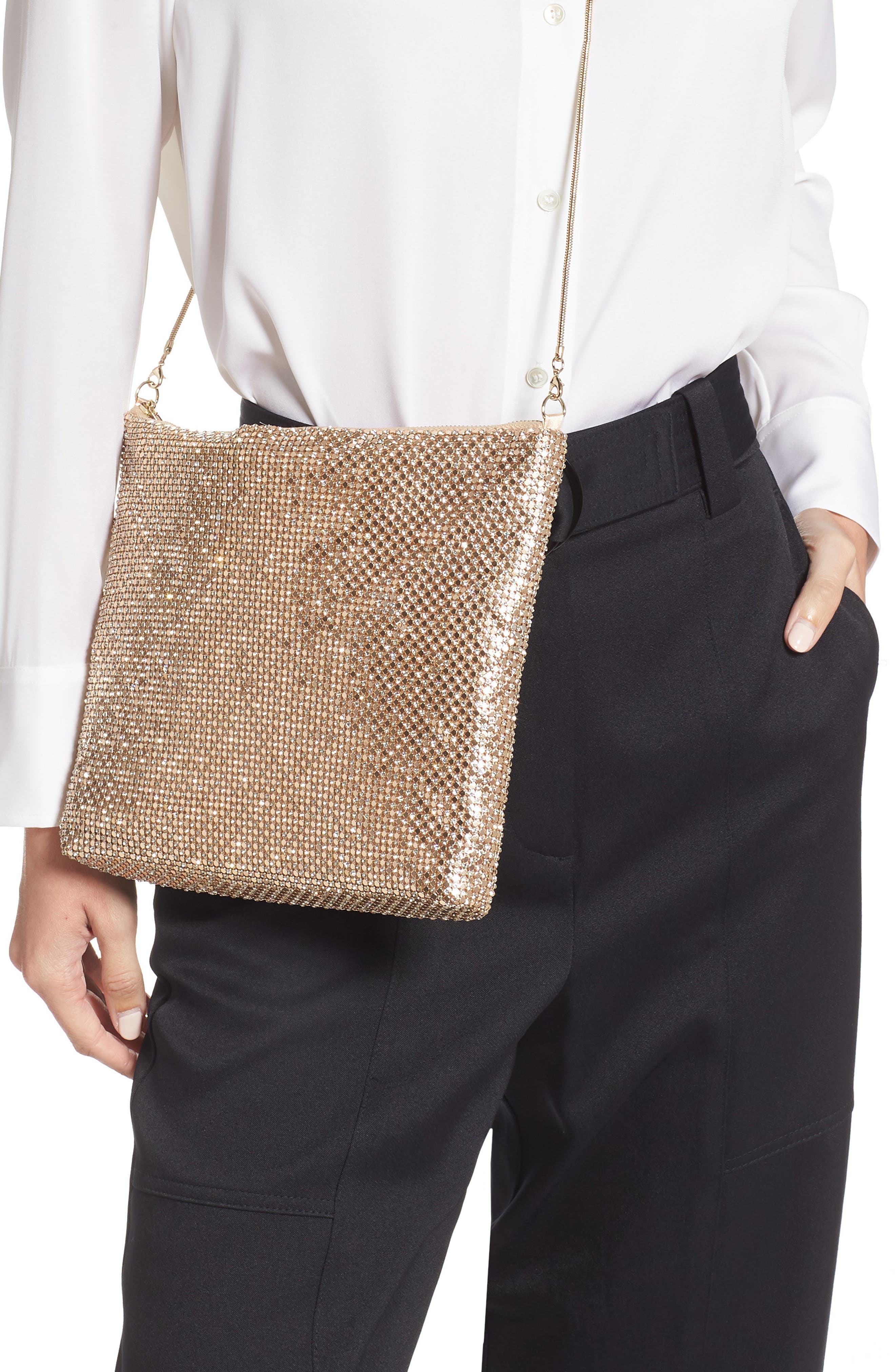 Crystal Embellished Mesh Shoulder Bag, Alternate, color, GOLD