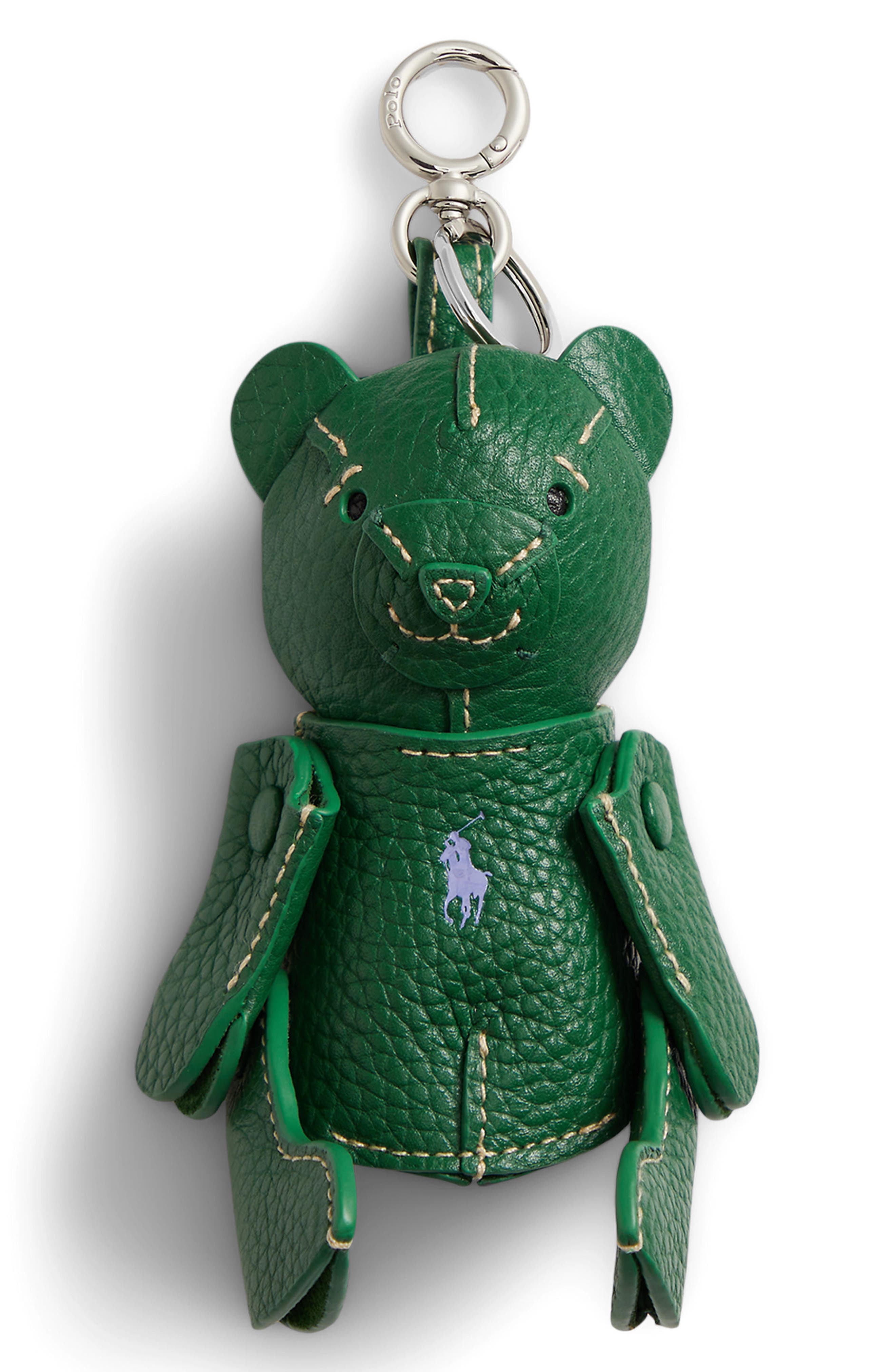 Pebbled Leather Polo Bear Bag Charm, Main, color, JUNIPER