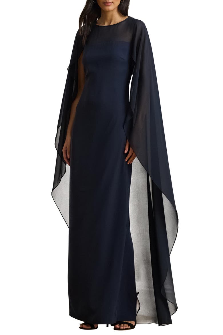 Sheer Cape Georgette Column Gown, Main, color, LAUREN NAVY