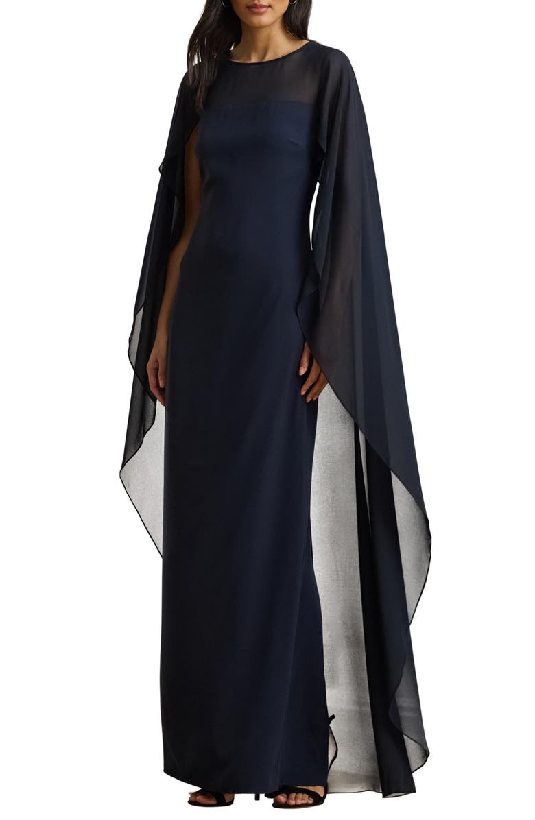 Lauren Ralph Lauren Sheer Cape Georgette Column Gown, Main, color, Lauren Navy